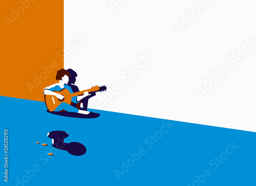 Vector illustration of a street musician playing the guitar. Near the hat for money