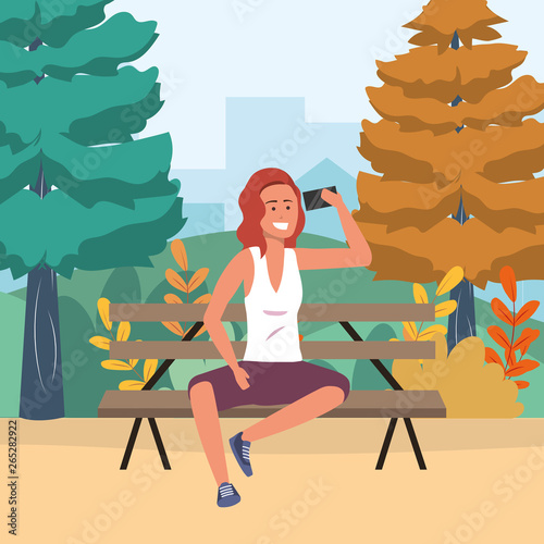 Millenial person smartphone park bench background
