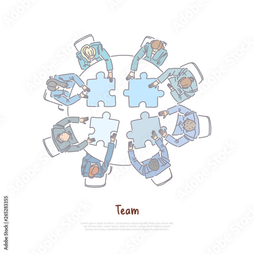 Colleagues assembling jigsaw puzzle, business cooperation, people work together, idea generation, brainstorm banner