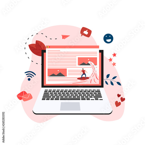 Surfer surfing a wave web page vector illustration. Web page surfing concept.	