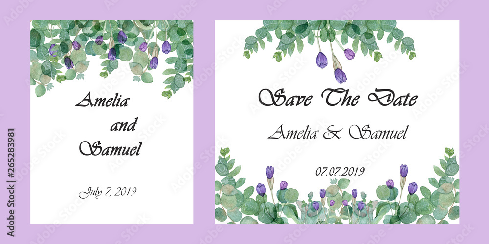 Watercolor composition set of two green eucaliptus leaves and branches and purple tulips invitations with the text, the wedding nature invite card collection