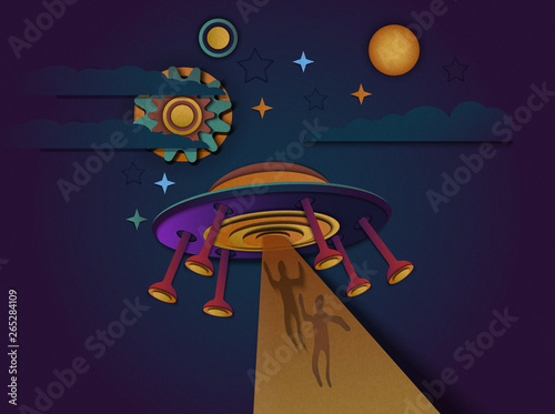 Vector illustration of a UFO or alien spacecraft flying in space. UFO abducts people