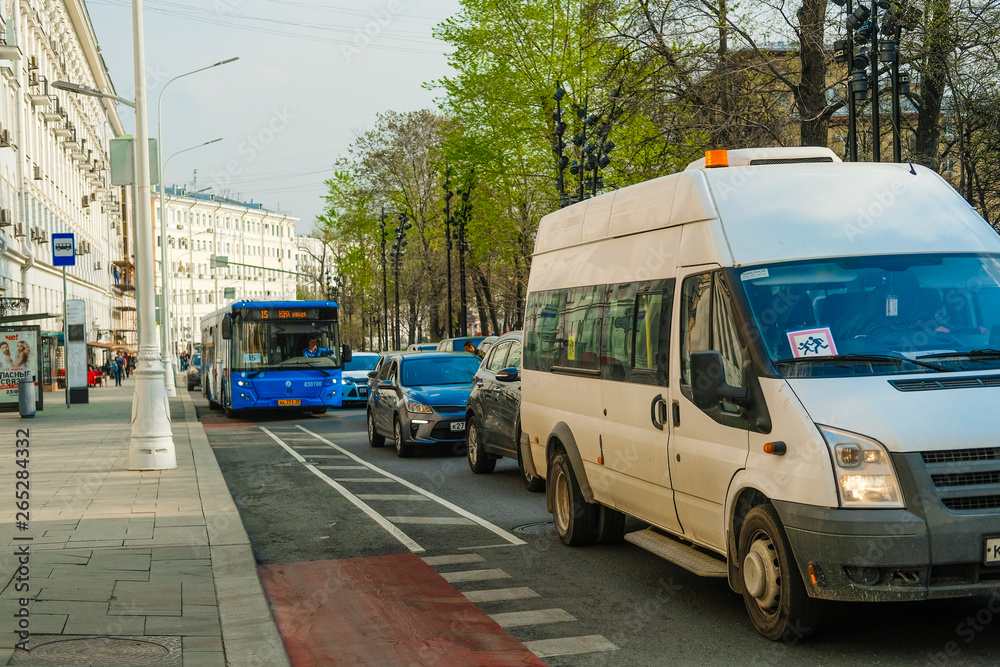 Moscow, Russia - April, 27, 2019: image of the regular bus on Moscow street