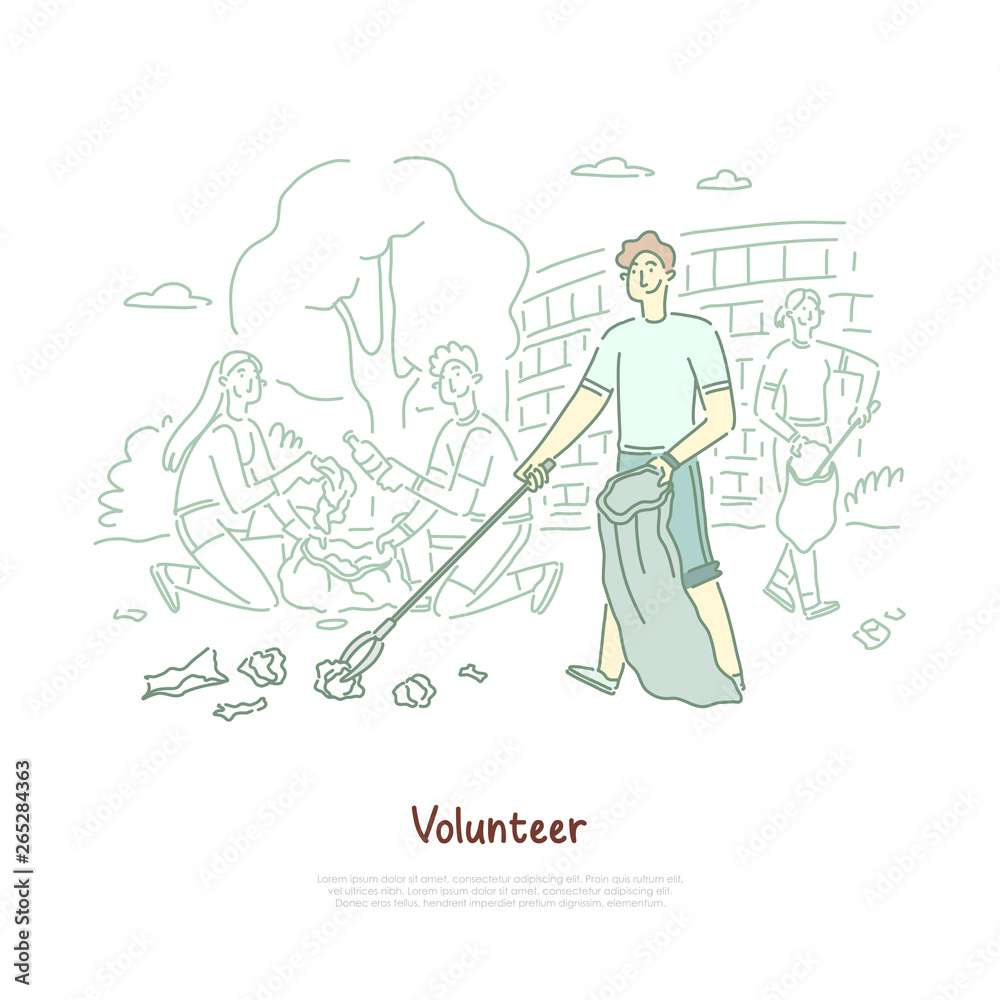 Young man with disposal bag cleaning trash, environment protection, volunteering, waste reuse, recycling banner