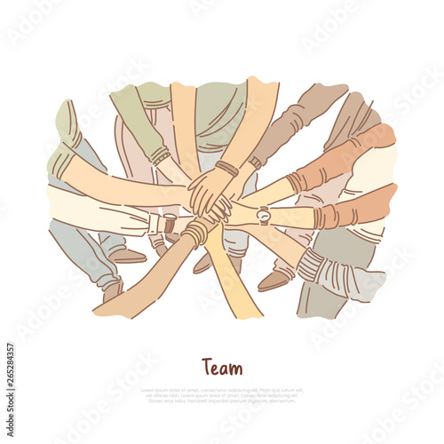 Hand stack, team bonding exercise, community cooperation, group unity, diversity, teamwork banner