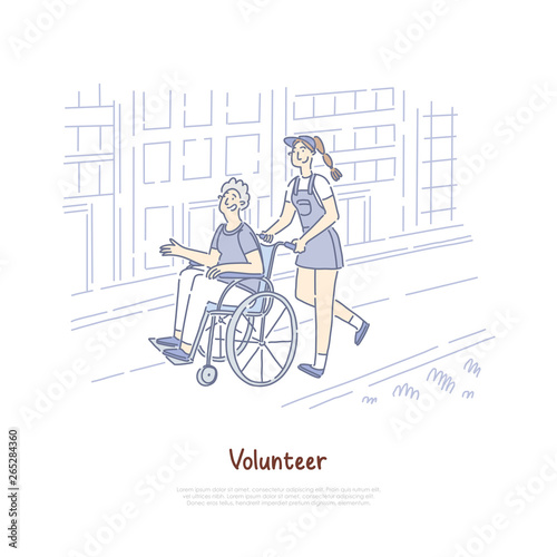Smiling female volunteer helping old man in wheelchair, elderly assistance, philanthropy, nursing service banner