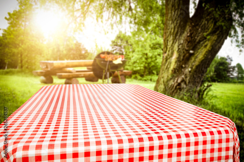 Desk of free space and summer time in garden with grill. 