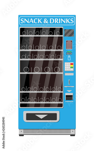 Empty automatic vending machine for food and drinks. Bottles and cans with drinks, chips, chocolate and other snacks. Vector illustration in flat style