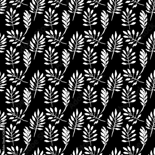 Leaves seamless pattern. Grunge vector dry brush illustration.