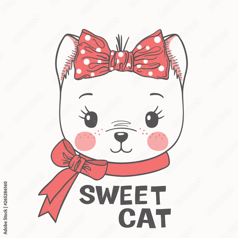 Cute cartoon kitty girl face with bow. Sweet Cat slogan. Vector illustration design for t-shirt graphics, fashion prints, slogan tees Cute cartoon kitty girl face with bow. Sweet Cat slogan. Vector illustration design for t-shirt graphics, fashion prints, slogan tees