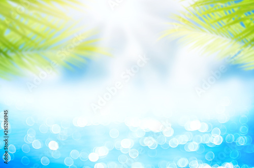 Blur beautiful nature green palm leaf on tropical beach with bokeh sun light wave abstract background.