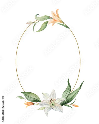 Watercolor vector wreath of orange Lily flowers and green leaves.