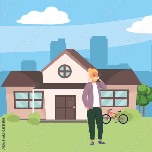Millenial in house front porch background