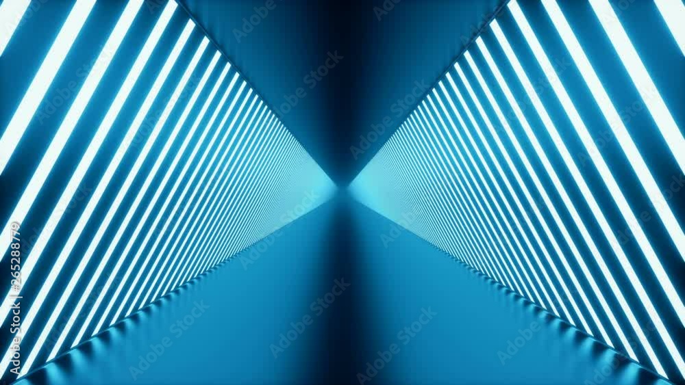 3D looped animation, seamless abstract futuristic blue room corridor, tunnel with neon lights. Fluorescent lamps, glowing light. Futuristic architecture background. Loop-able seamless 4K animation.