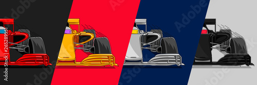 four racing cars in different colors split