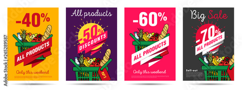 Set of posters for grocery food store with shopping basket illustration