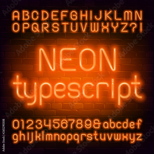 Orange neon alphabet font. Uppercase and lowercase. Light bulb letters and numbers. Stock vector typeface for your typography design. Brick wall background.