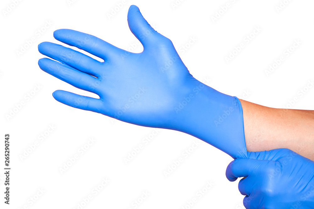 Hands wearing a blue latex glove, isolated on white background