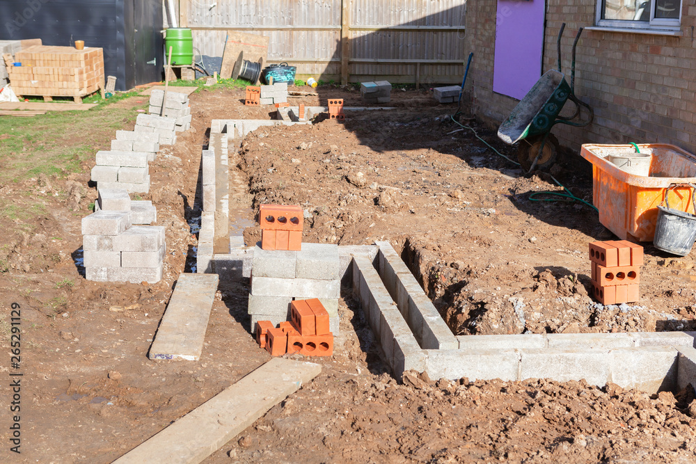 Foundation work of the house, blockwork, selective focus Foundation work of the house, blockwork, selective focus