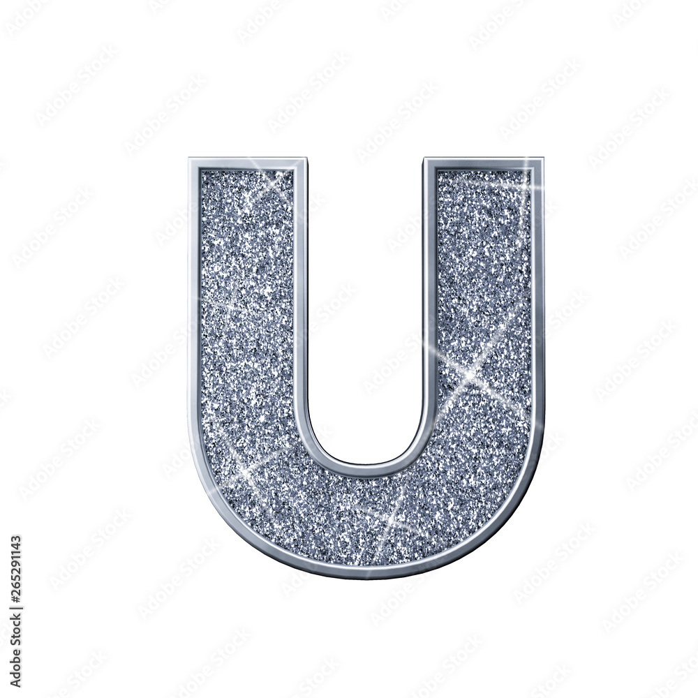 Silver glitter letter U. Shiny sparkling capital letter. 3D rendering Silver glitter letter U. Shiny sparkling capital letter. 3D rendering