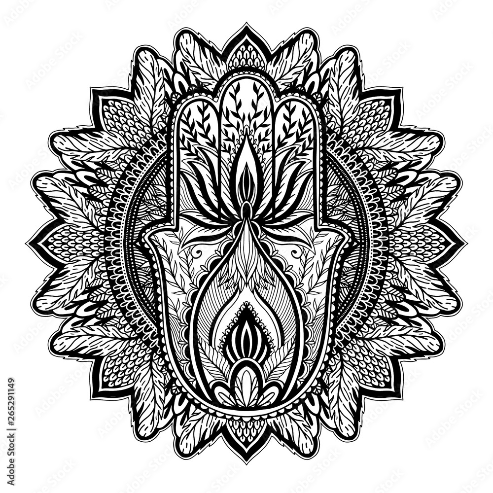 Magic Talisman hamsa religion Asian mandala. Black color graphic in white background .Tattoo motif.