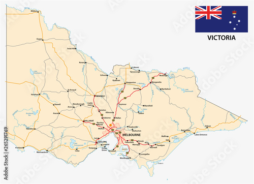 Road map of the australian state victoria with flag