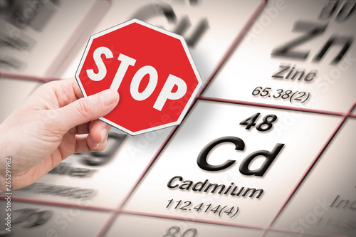 Stop heavy metals - Concept image with hand holding a stop sign against a cadmium chemical element with the Mendeleev periodic table on background photo