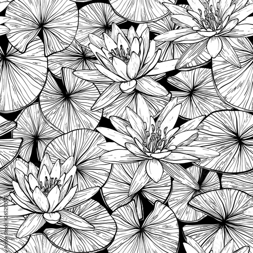 Seamless pattern with water lilies. Black and white