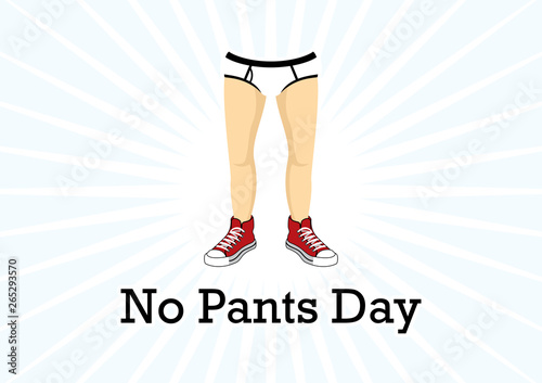 No Pants Day vector. Man in underpants cartoon character. Legs in sneakers vector. Male legs with red sneakers. Male legs with white shorts. Funny holiday. Important day