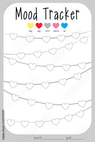 Mood diary for a month. mood tracker calendar. keeping track of emotional heart state