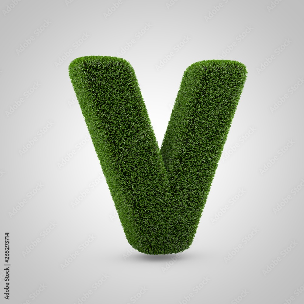 Green moss uppercase letter V isolated on white background