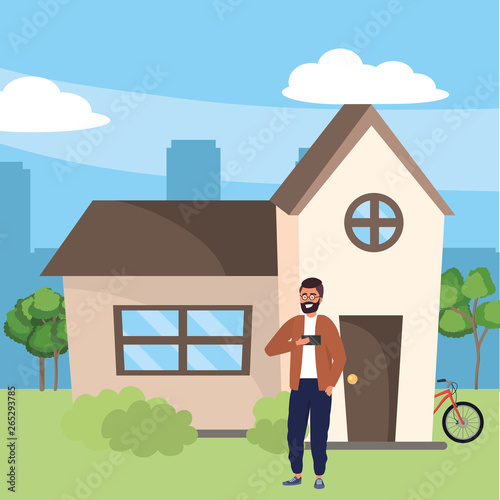 Millenial in house front porch background
