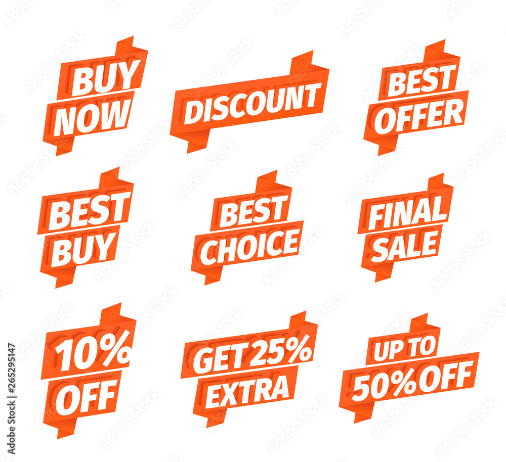 Sale offers set. Best choice buy. Advertising promotion set. 3d letters on a red ribbon. Special offer slogan, super call for purchases. Vector color Illustration text marketing. Sale offers set. Best choice buy. Advertising promotion set. 3d letters on a red ribbon. Special offer slogan, super call for purchases. Vector color Illustration text marketing.