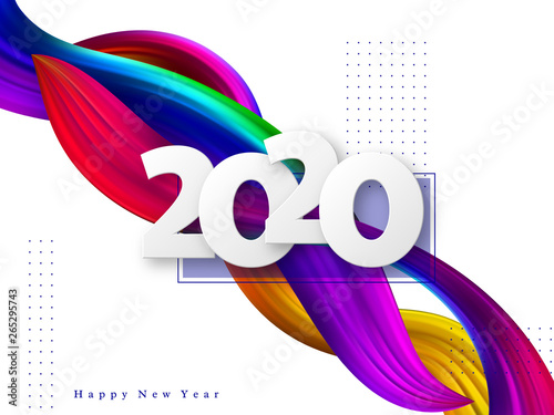 2020 New Year sign on trendy abstract wave liquid background. 3d fluid shapes composition, color flow minimal design. Vector illustration.