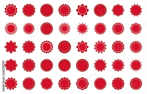 Forty circular shapes. Template tags for discounts and other. Set of red labels.
