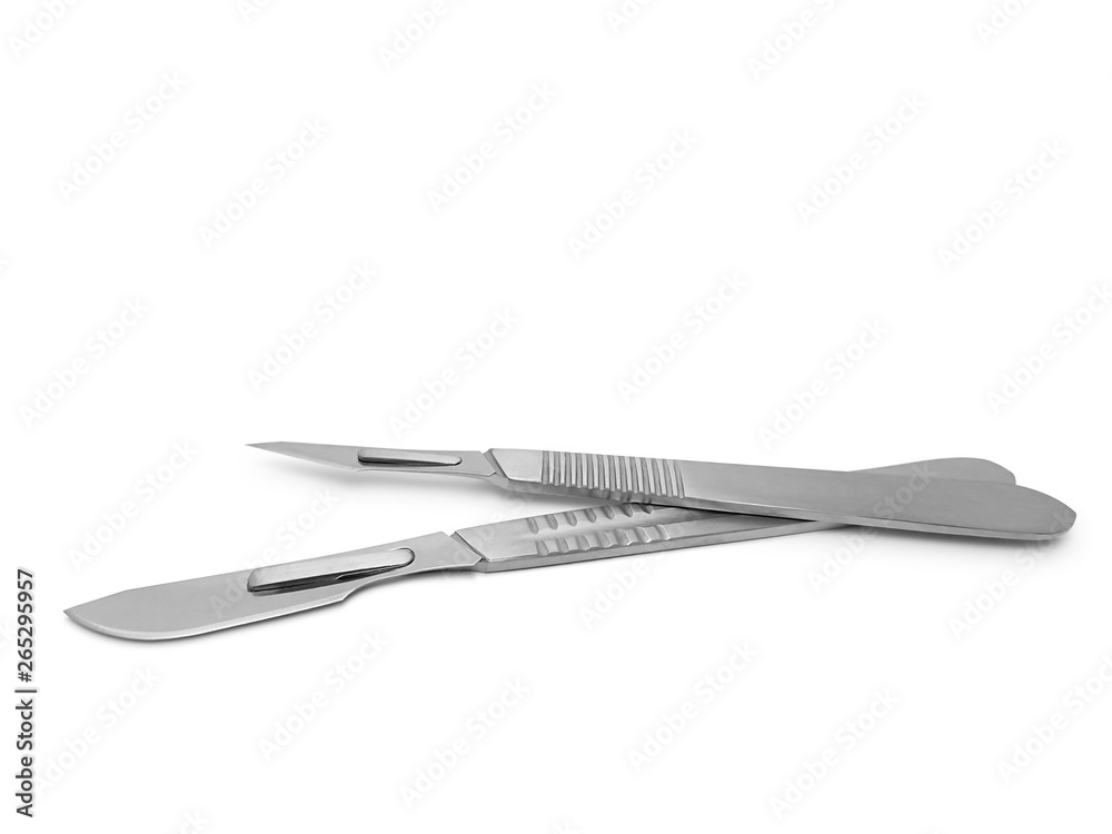 Clipping path of stainless steel scalpel handle with sharpen blade in surgical equipment isolated on white background Clipping path of stainless steel scalpel handle with sharpen blade in surgical equipment isolated on white background