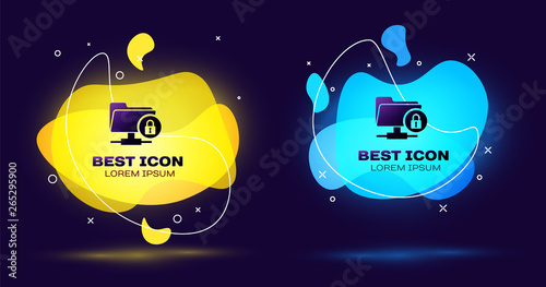 Black FTP folder and lock icon isolated. Concept of software update, ftp transfer protocol. Security, safety, protection concept. Set of liquid color abstract geometric shapes. Vector Illustration