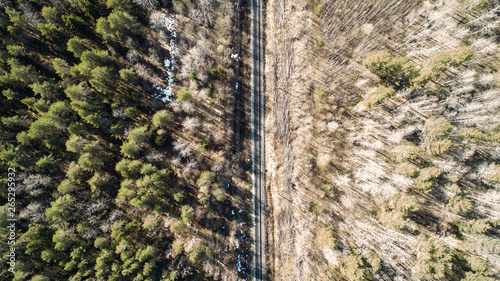 High aerial drone view of an railroad across the spring forest. Rural places