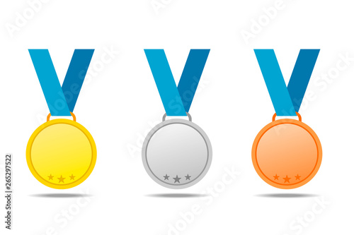 Gold, silver and bronze medals with blue ribbons. Vector medals isolates with shadow on white background