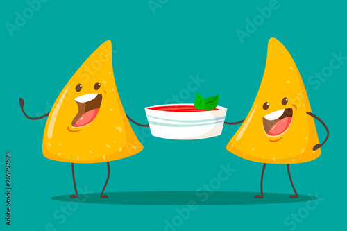 Funny characters Nachos with tomato salsa sauce. Nice mexican food. Vector illustration