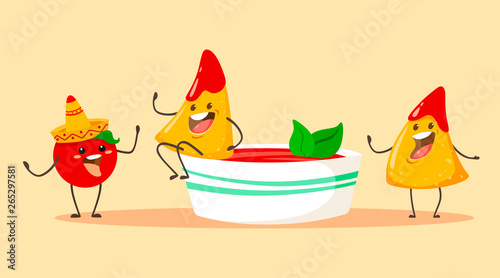 Funny and cartoon nachos chips with tomato and a cup of tomato salsa with basil. Vector illustration