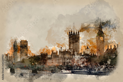 Watercolor painting of Sunset skyline of Big Ben abd Houses of Parliament in London.