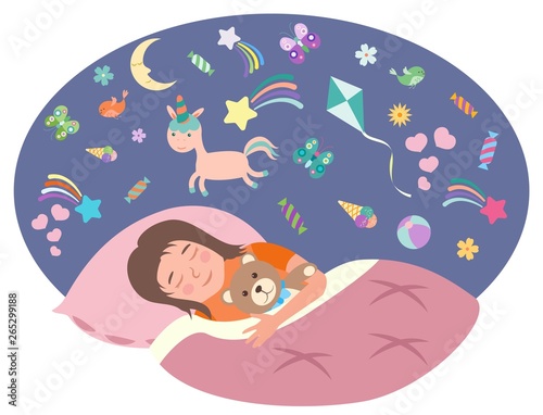 The little girl is sleeping. Children s dreams concept. Vector illustration in flat style