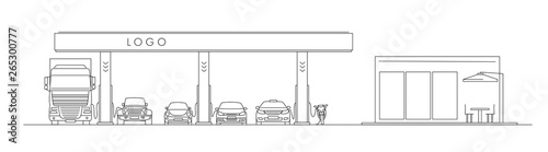 Petrol station linear illustration with cars and shop, outdoor cafe