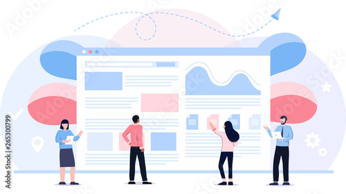 Vector illustration web design and user interface development. people building website with blocks in the browser. people working on web development, SEO optimization, people discuss ,digital meeting