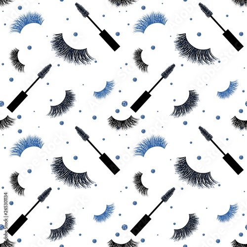 Seamless Vector Pattern with Lashes and Mascara with glitter effect