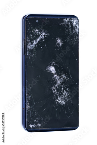 Modern LCD touch screen display mobile smartphone is cracked and broken after drop. Broken phone glass close up view, isolated on white background for design