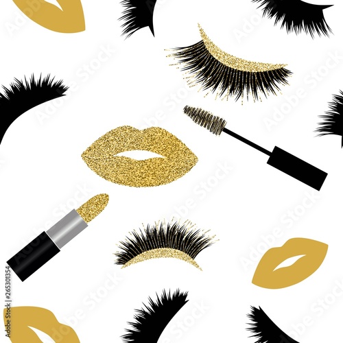 Lips, lashes, mascara and lipstick with glitter effect seamless  vector pattern