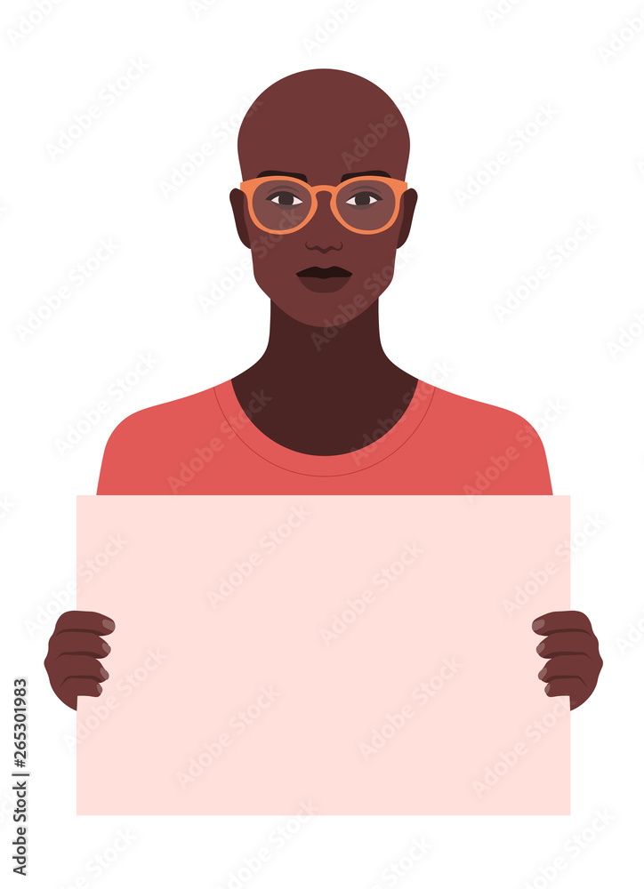 African student with glasses holding a blank banner. Protests and demonstrations. Vector flat illustration African student with glasses holding a blank banner. Protests and demonstrations. Vector flat illustration