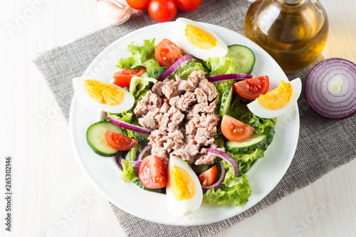 Fresh fish tuna salad made of tomato, ruccola, tuna, eggs, arugula, crackers and spices. Caesar salad in a white bowl on wooden background